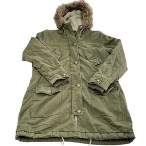Abercrombie & Fitch Parka Coat Women Large Green Sherpa Lined Faux Fur Hood Warm